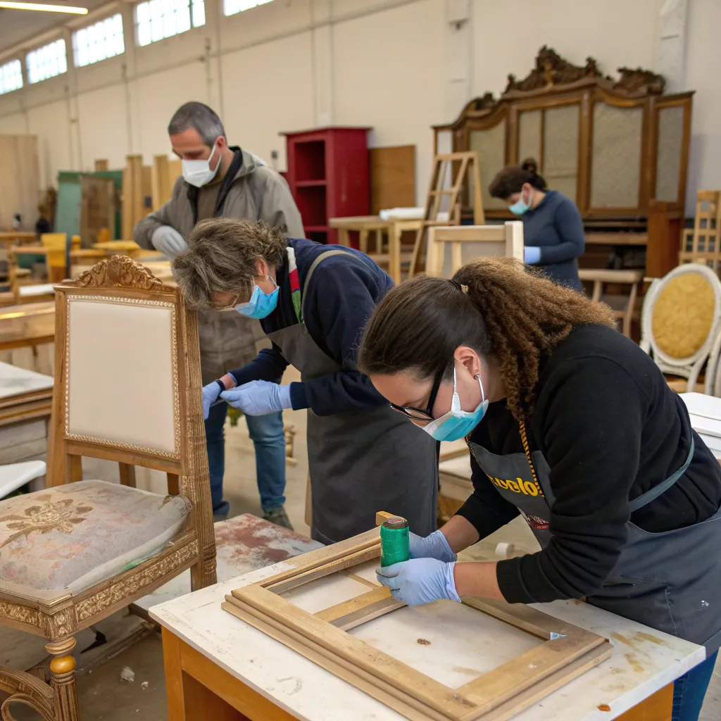 Participants in a furniture restoration workshop at DRAXVENIS working on a project
