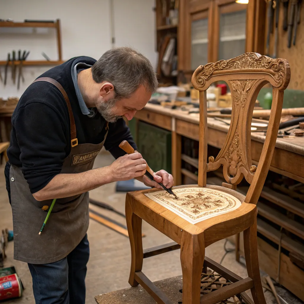 Artisan skillfully restoring a wooden chair